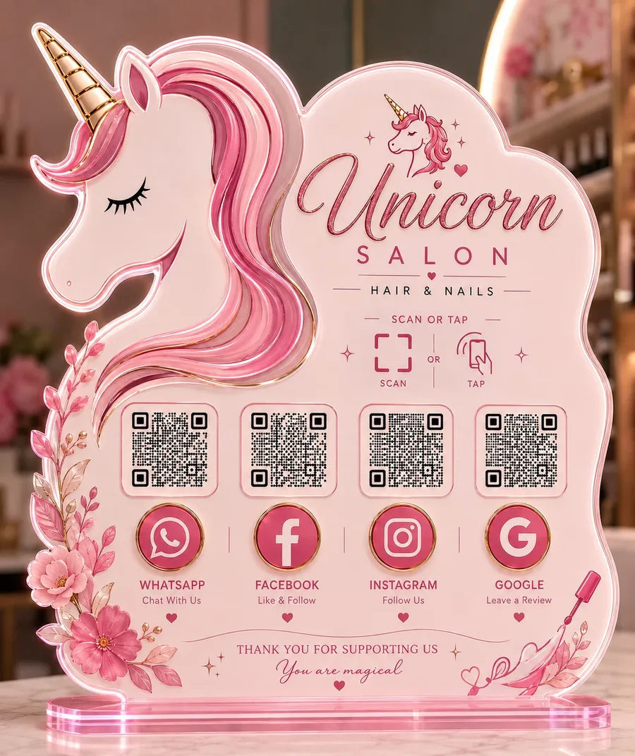 A smart social media board for a salon, with QR codes for WhatsApp, Facebook, Instagram and Google reviews, and a scan-or-tap NFC prompt
